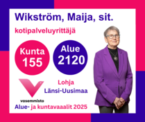 Ehdokas Aluevaalit Länsi-Uusimaa ja Kuntavaalit Lohja
Wikström, Maija, kotipalveluyrittäjä