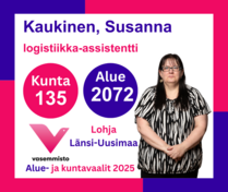 Ehdokas Aluevaalit Länsi-Uusimaa ja Kuntavaalit Lohja
Kaukinen, Susanna, logistiikka-assistentti