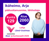 Ehdokas Aluevaalit Länsi-Uusimaa ja Kuntavaalit Lohja
Ikäheimo, Arja, pääluottamusmies, lähihoitaja