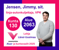 Ehdokas Aluevaalit Länsi-Uusimaa ja Kuntavaalit Lohja
Jensen, Jimmy, linja-autonkuljettaja, VPK
