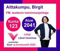 Ehdokas Aluevaalit Länsi-Uusimaa ja Kuntavaalit Lohja
Aittakumpu, Birgit, FM, teatterin toiminnanjohtaja